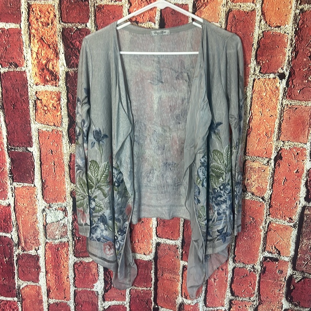 Elena Baldi Gray Floral Waterfall lightweight women’s Cardigan Sweater Siz Small